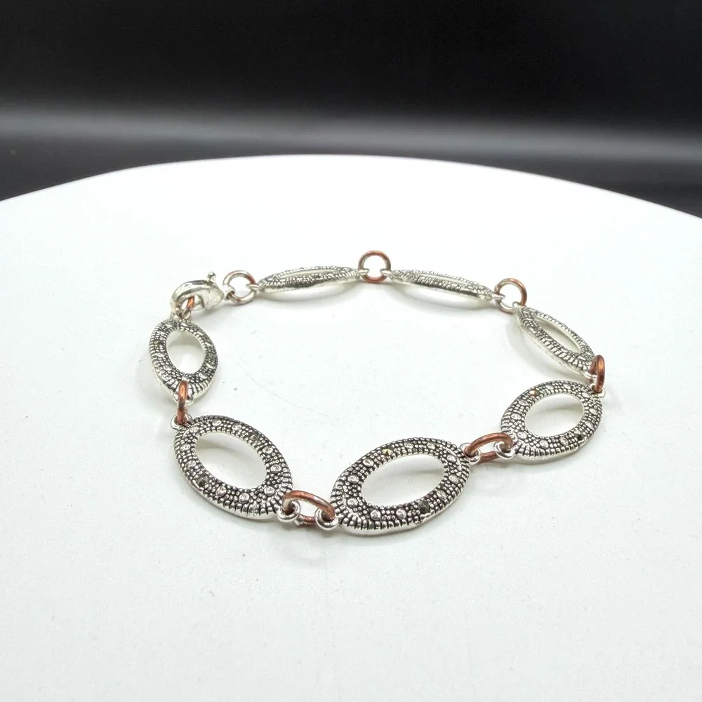 Silver & Copper Tone Marcasite Style Oval Link Bracelet Accent Boho Statement